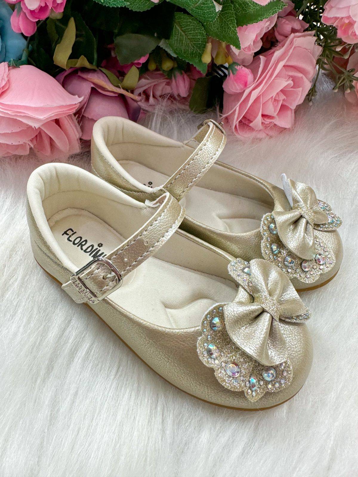 Sapatilha Flor Di MIla Baby Dourado Lacinho Strass | Bebeloo Kids