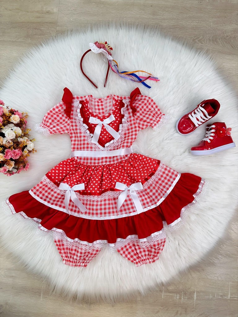 Vestido Infantil Junino Vermelho Xadrez C/ Babados Luxo - Leveza e Elegância para Meninas | Bebeloo Kids