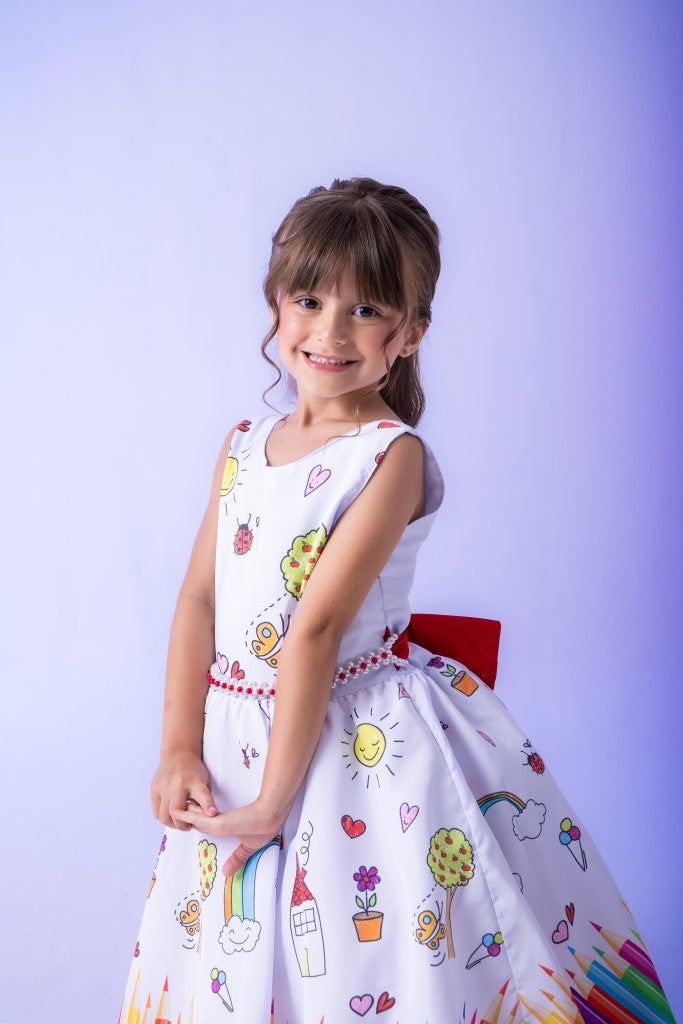 Vestido Marie Lapis Aquarela ABC Branco e Vermelho - Leveza e Elegância para Meninas | Bebeloo Kids