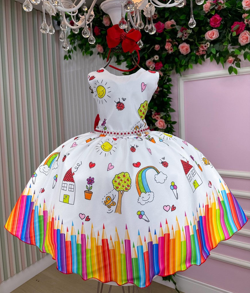 Vestido Marie Lapis Aquarela ABC Branco e Vermelho - Leveza e Elegância para Meninas | Bebeloo Kids