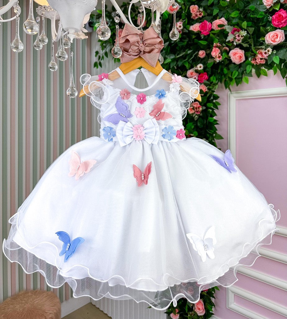 Vestido Marie Branco Jardim Encantado Laço Borboletas Coloridas - Toque Delicado para Completar o Visual | Bebeloo Kids