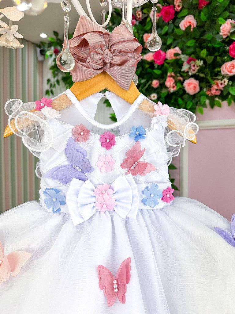 Vestido Marie Branco Jardim Encantado Laço Borboletas Coloridas - Toque Delicado para Completar o Visual | Bebeloo Kids