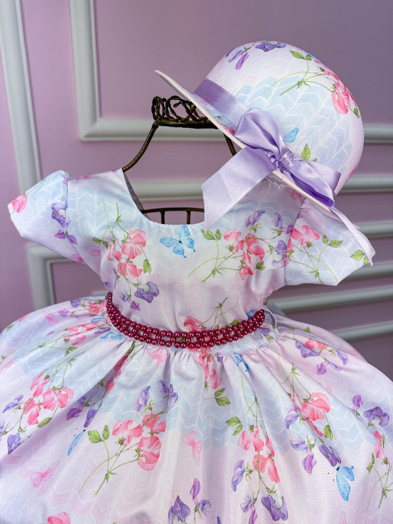 Vestido Miss Cherry Chapeu Lilas Flores e Borboletas - Leveza e Elegância para Meninas | Bebeloo Kids