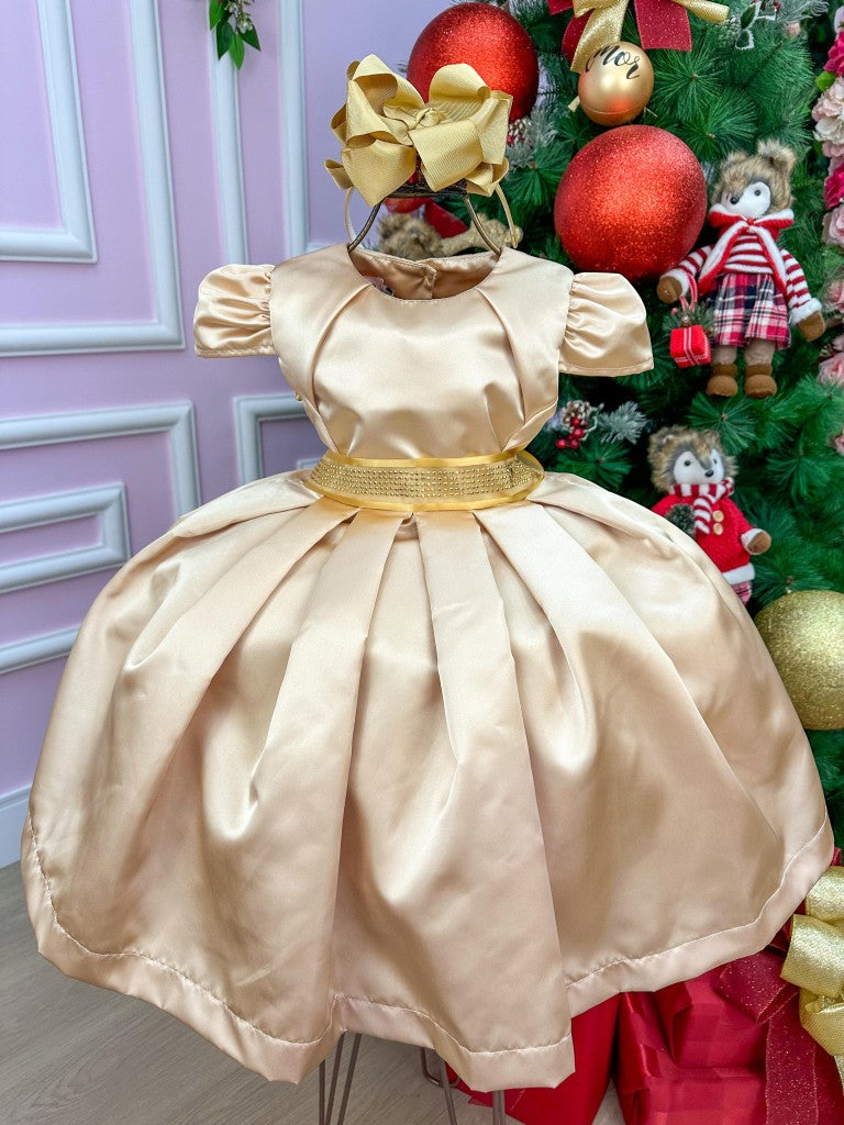 Vestido Miss Sweet Dourado Cinto Brilho - Detalhe que Faz a Diferença | Bebeloo Kids
