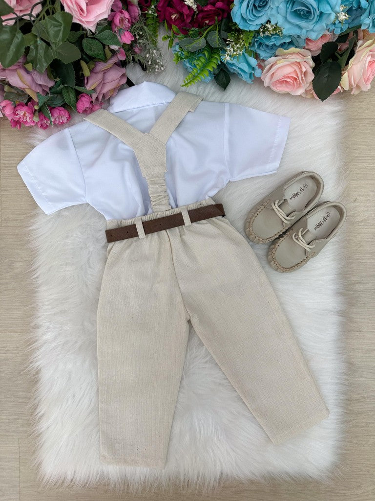 Conjunto Miss Cherry Suspensorio Luiz Linho Bege - Estilo Delicado para o Dia a Dia | Bebeloo Kids