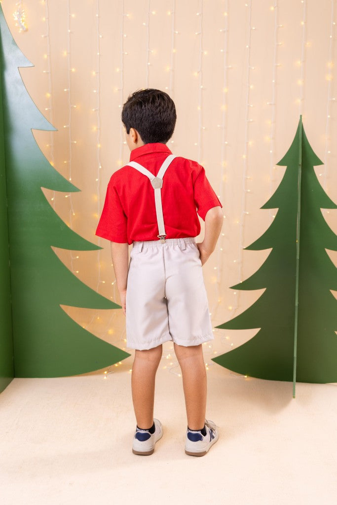 Conjunto Miss Cherry Henry Vermelho Suspensorio Bege - Estilo Delicado para o Dia a Dia | Bebeloo Kids