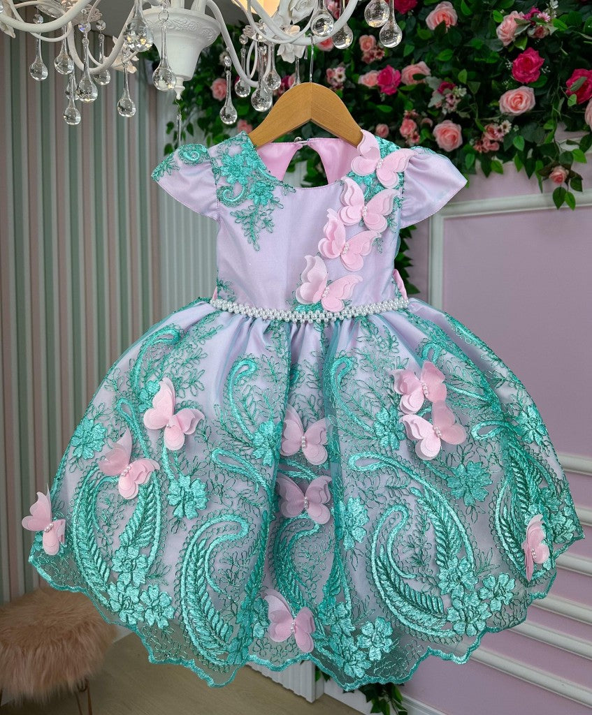 Vestido Marie Jardim Encantado Luxo Rosa e Verde Tiffany - Leveza e Elegância para Meninas | Bebeloo Kids