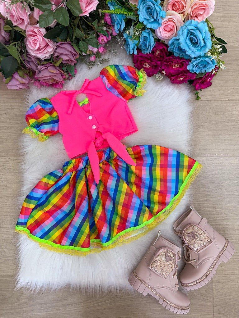 Conjunto Junino Banana Club Luxo Manu Rosa Neon - Estilo Delicado para o Dia a Dia | Bebeloo Kids