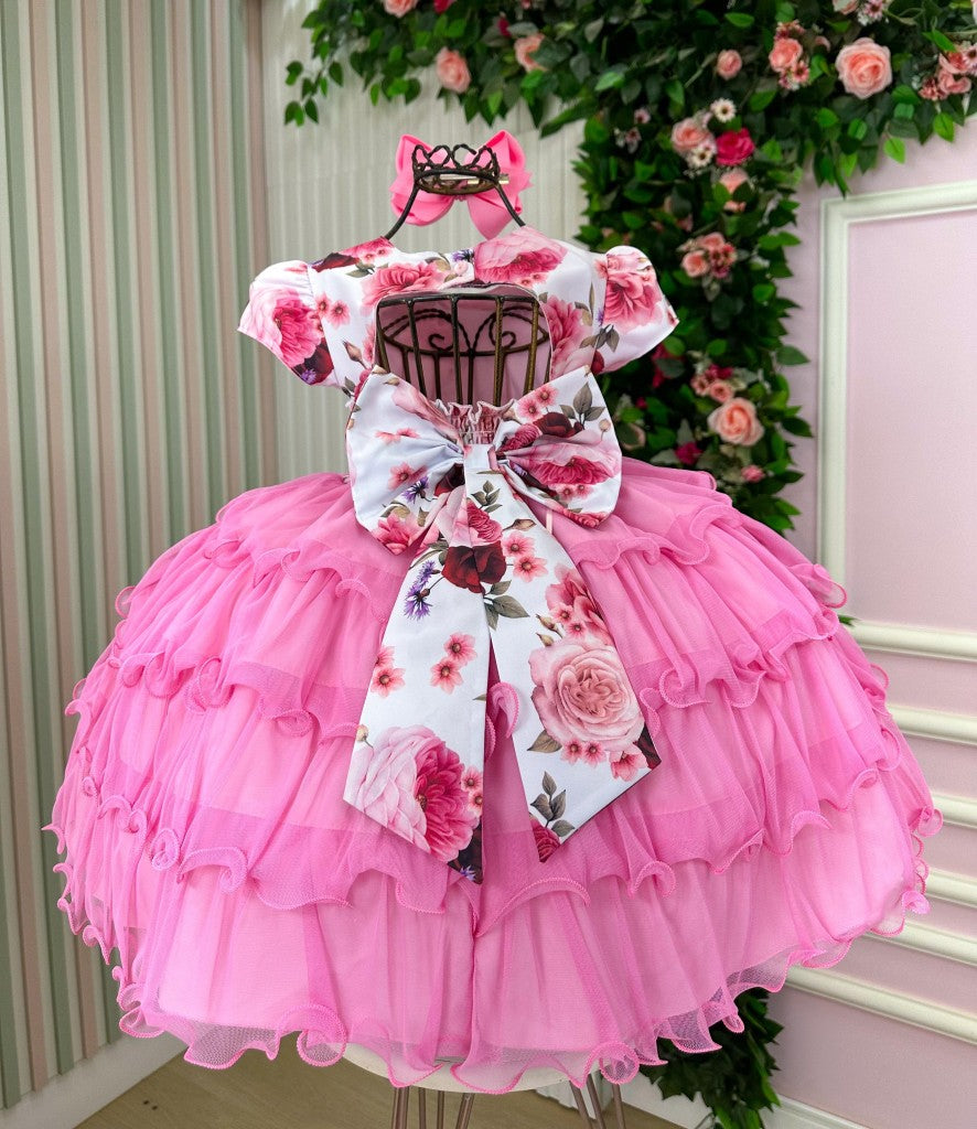 Vestido Menina Bonita Gisele Peito Florido Rosa Chiclete - Leveza e Elegância para Meninas | Bebeloo Kids