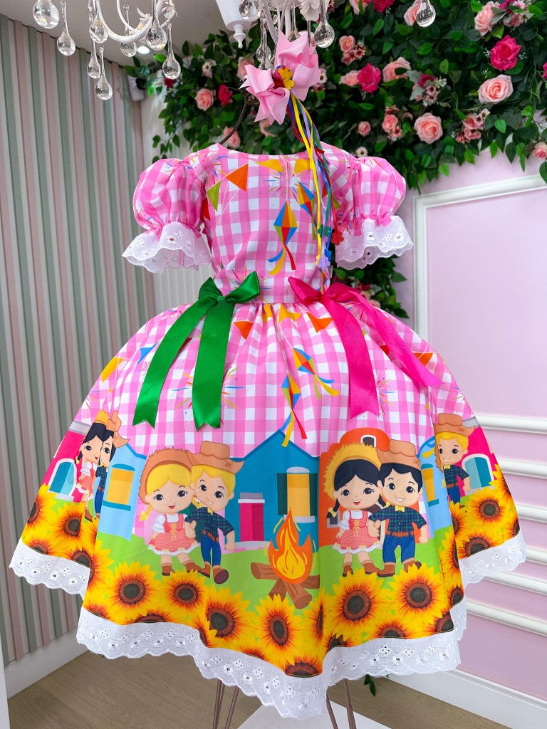 Vestido Marie Junino Luxo Arraia Do Sorriso Rosa - Leveza e Elegância para Meninas | Bebeloo Kids