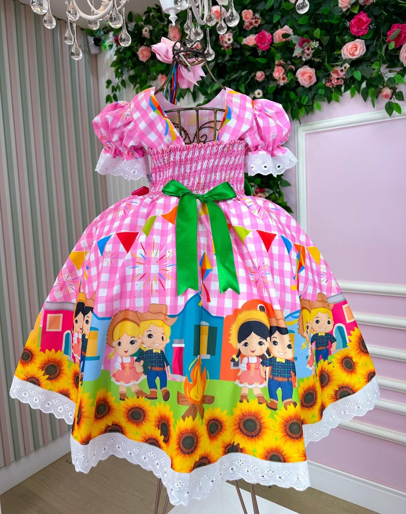 Vestido Marie Junino Luxo Arraia Do Sorriso Rosa - Leveza e Elegância para Meninas | Bebeloo Kids