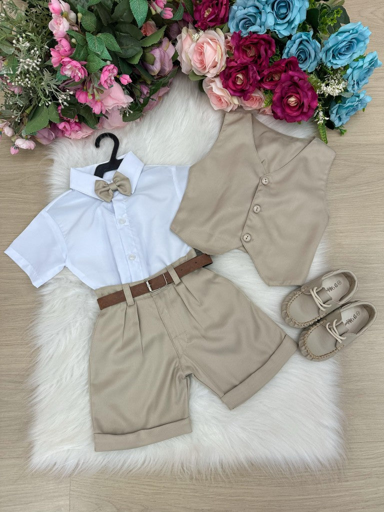 Conjunto Social Miss Cherry Leandro Colete Bege - Estilo Delicado para o Dia a Dia | Bebeloo Kids