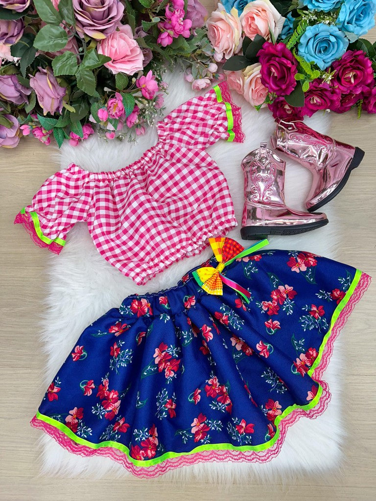 Conjunto Junino Banana Club Luxo Mirela Saia Florida Azul - Estilo Delicado para o Dia a Dia | Bebeloo Kids