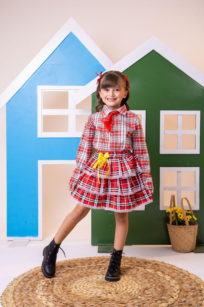 Conjunto Junino Xadrez Chiquinha Vermelho - Estilo Delicado para o Dia a Dia | Bebeloo Kids