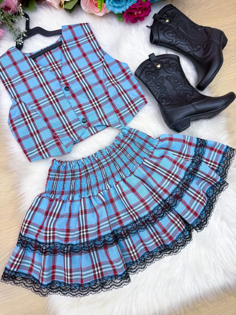 Conjunto Junino Miss Cherry Melissa Xadrez Azul Bebe - Estilo Delicado para o Dia a Dia | Bebeloo Kids