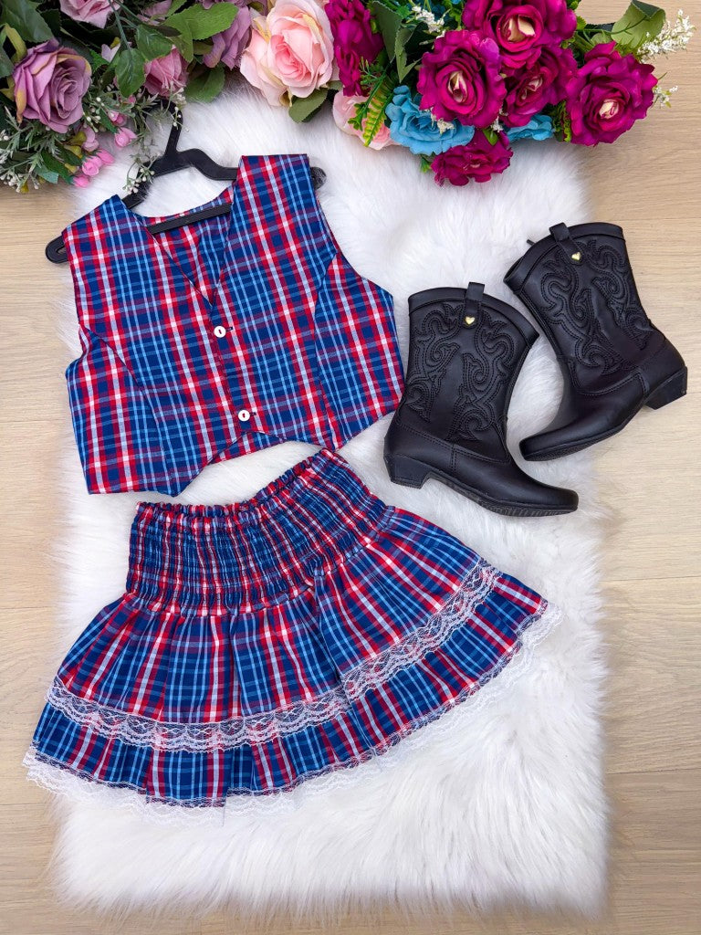 Conjunto Junino Miss Cherry Melissa Xadrez Azul Marinho - Estilo Delicado para o Dia a Dia | Bebeloo Kids