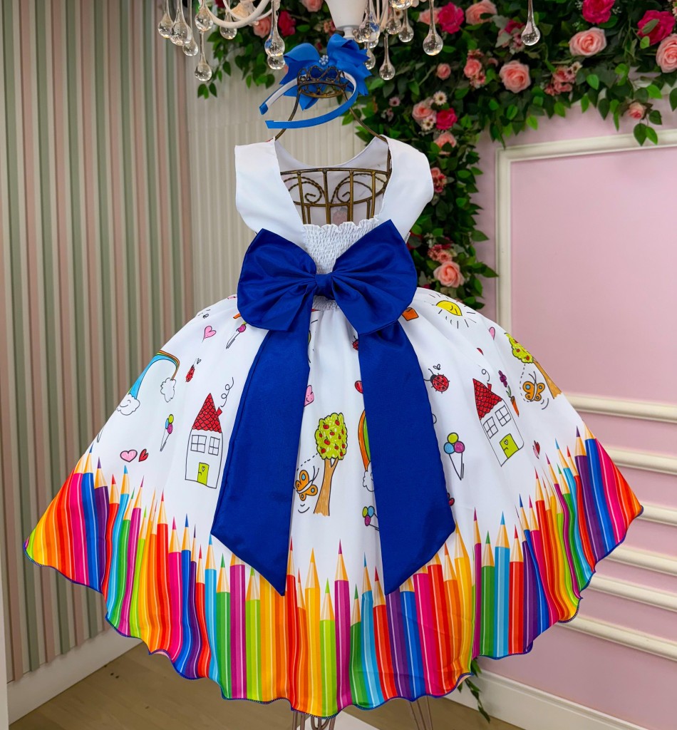 Vestido Marie Lapis Aquarela ABC Branco e Azul Royal - Leveza e Elegância para Meninas | Bebeloo Kids