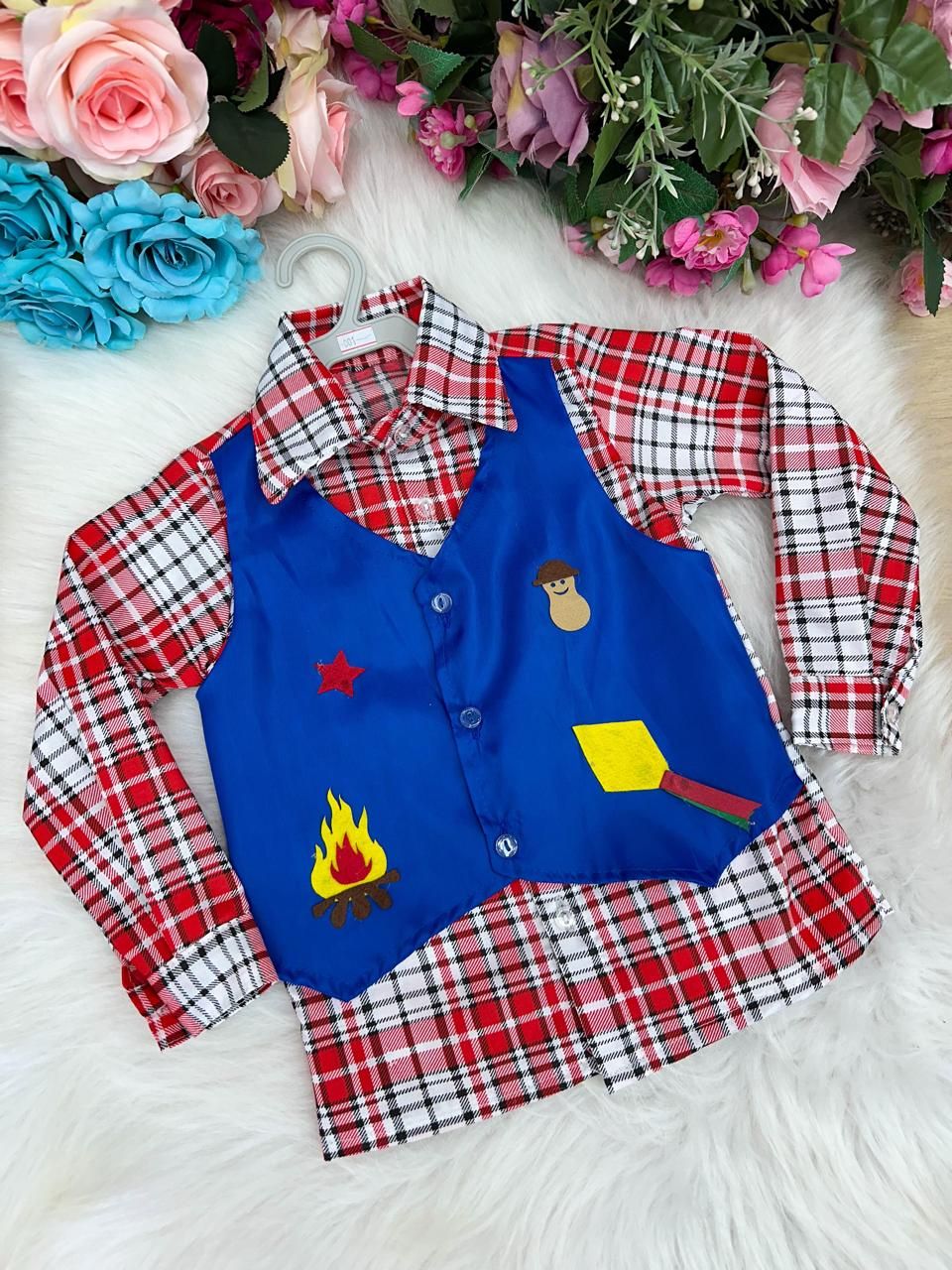 Camisa Junina Xadrez São João Colete Azul - Elegância e Conforto para os Pequenos | Bebeloo Kids