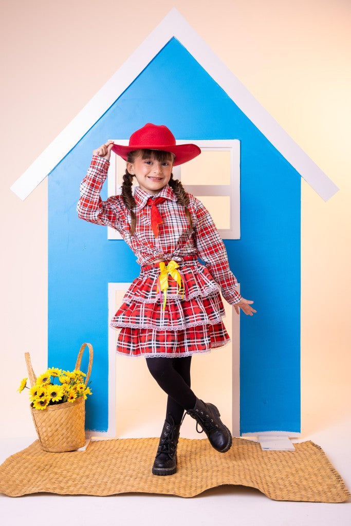 Conjunto Junino Xadrez Chiquinha Vermelho - Estilo Delicado para o Dia a Dia | Bebeloo Kids