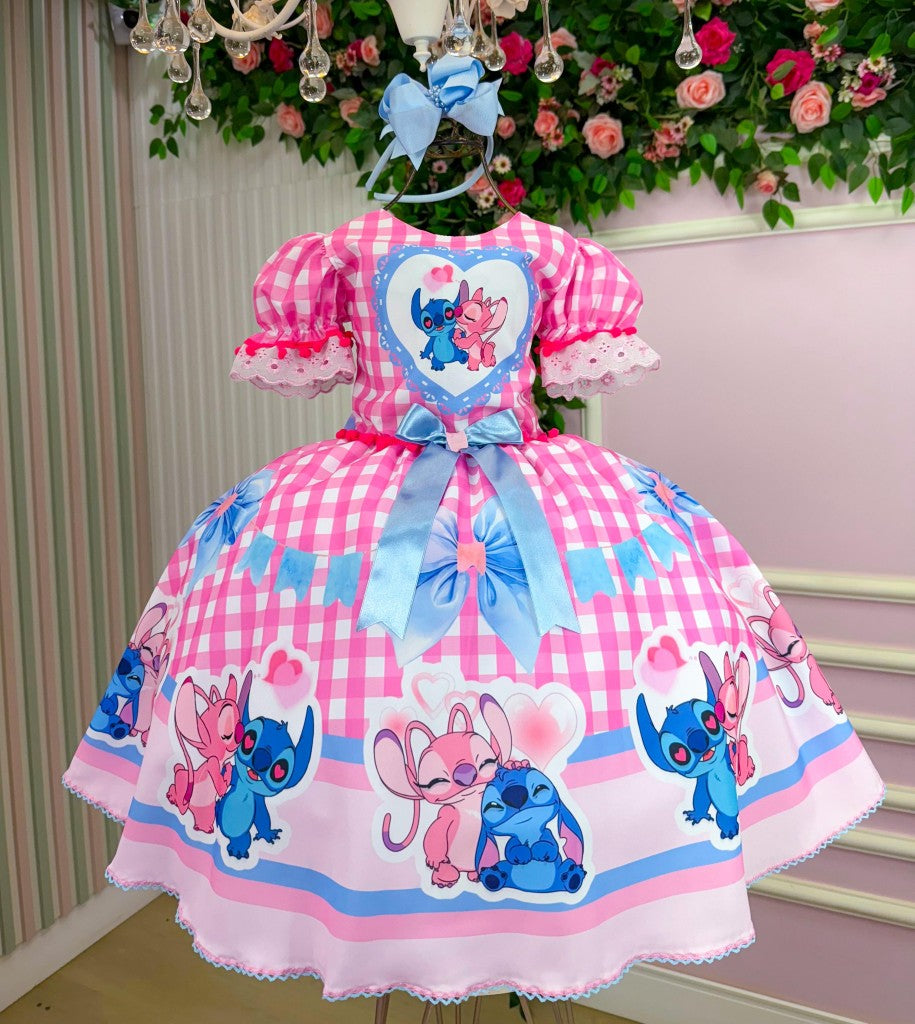 Vestido Junino Tematico Luxo Lilo Stitch Rosa Bebe Modelo 2 - Leveza e Elegância para Meninas | Bebeloo Kids