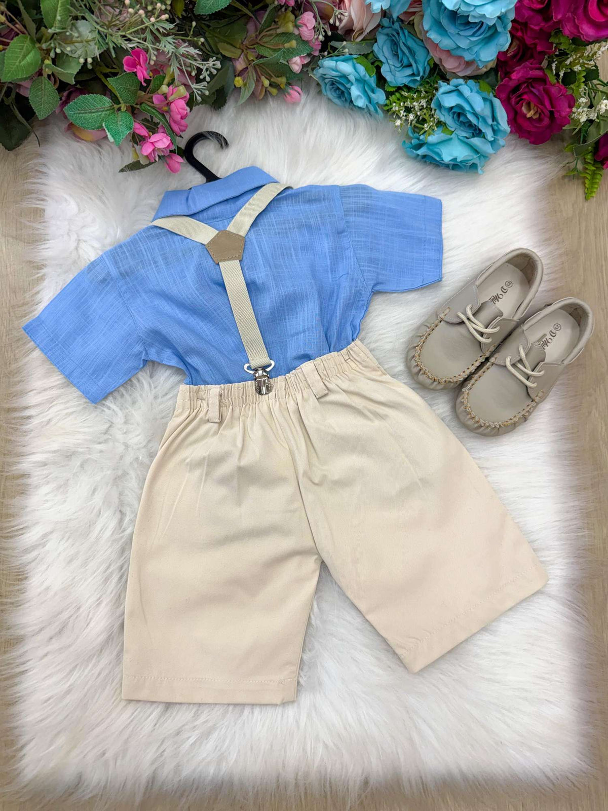 Conjunto Miss Cherry Henry Azul Suspensorio Bege - Estilo Delicado para o Dia a Dia | Bebeloo Kids