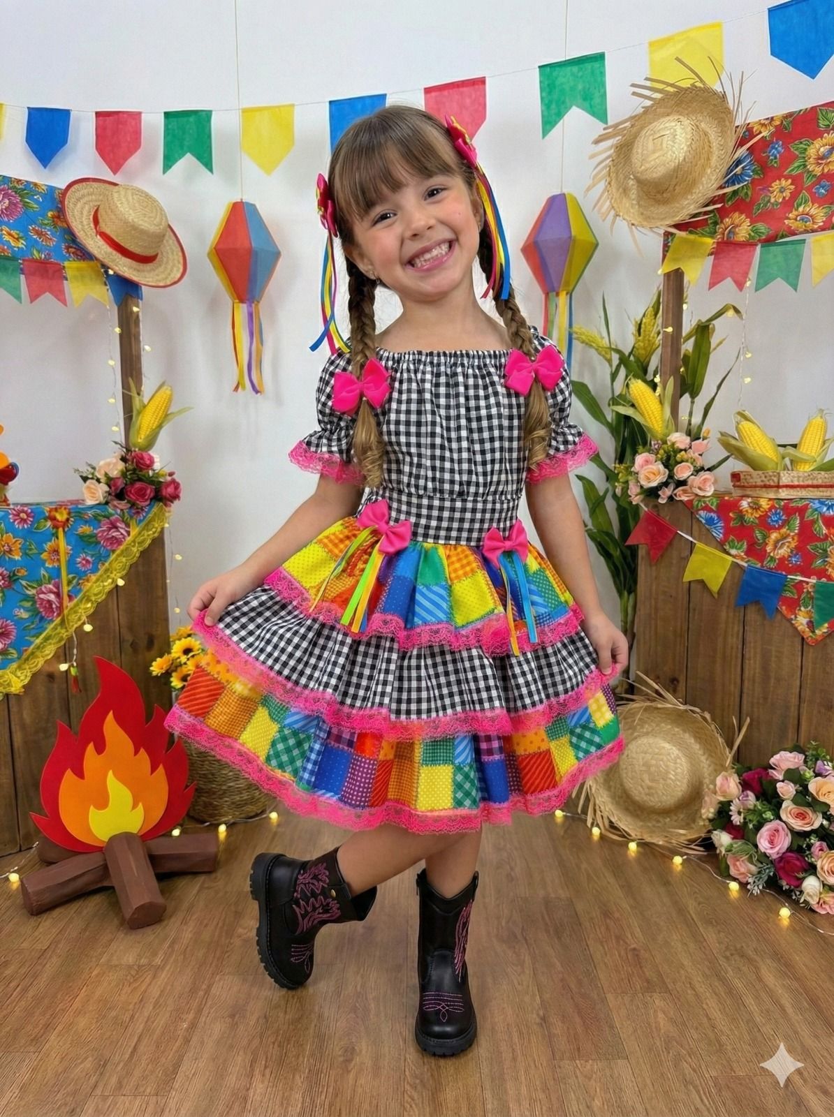 Vestido Junino Banana Club Luxo Quermesse Do Sertão Preto | Bebeloo Kids