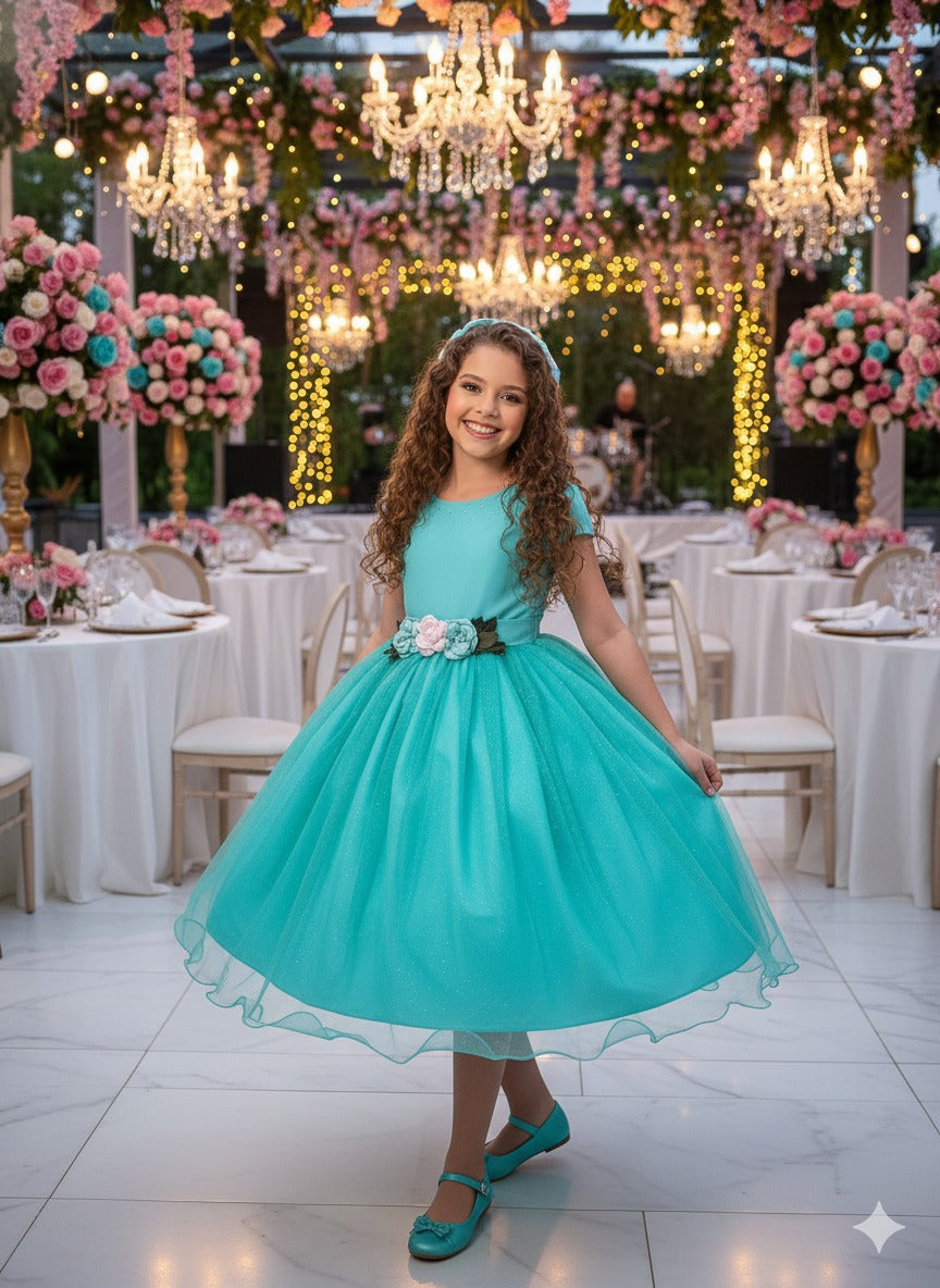 Vestido Juvenil Vila Lele Luiza Verde Tiffany - Leveza e Elegância para Meninas | Bebeloo Kids