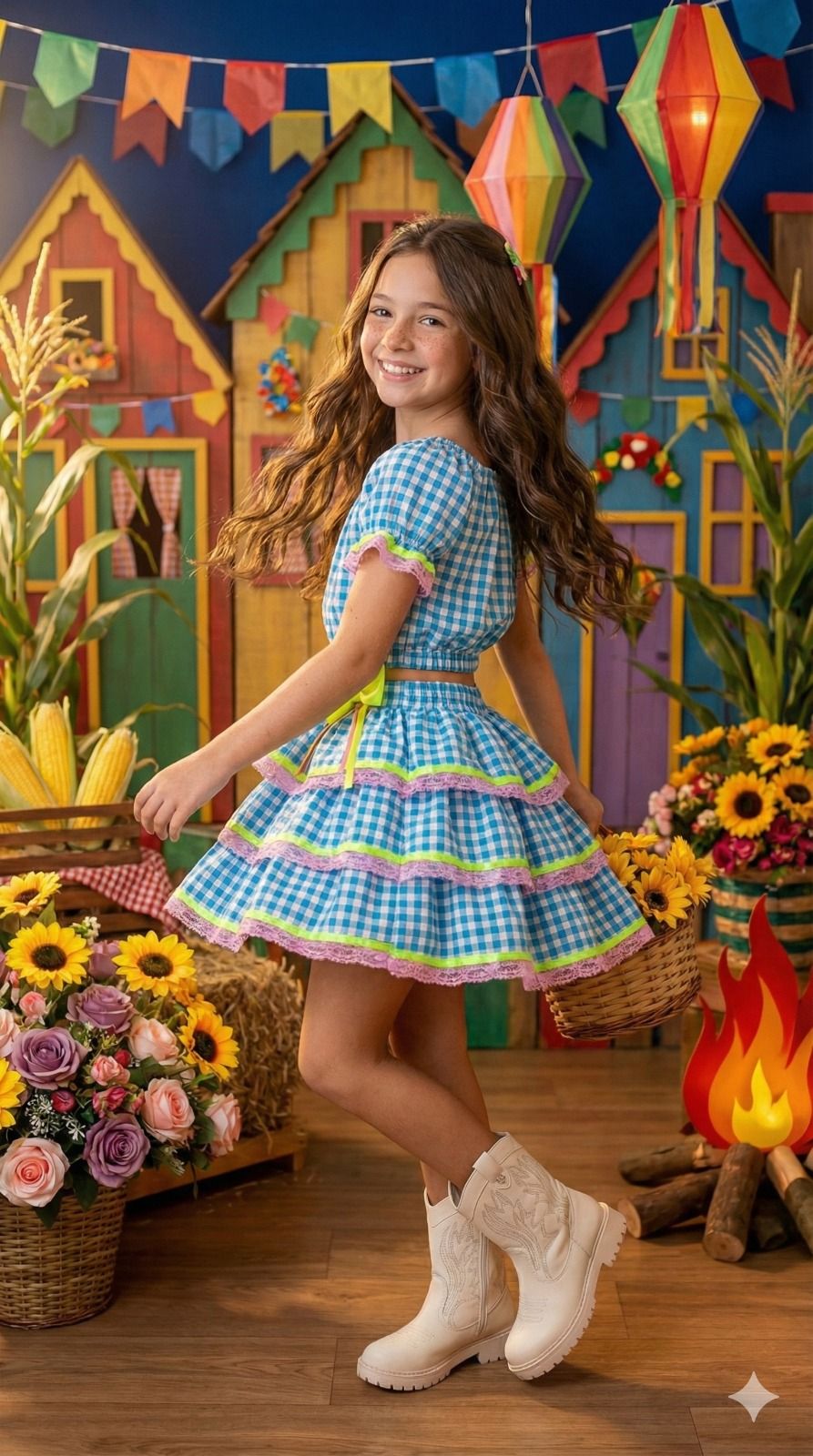 Conjunto Junino Banana Club Luxo Sofia Xadrez Azul - Estilo Delicado para o Dia a Dia | Bebeloo Kids
