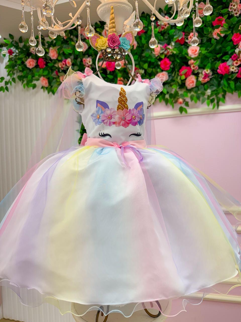 Vestido Mini Miss Temático Unicornio - Colorido - Arco iris - Leveza e Elegância para Meninas | Bebeloo Kids