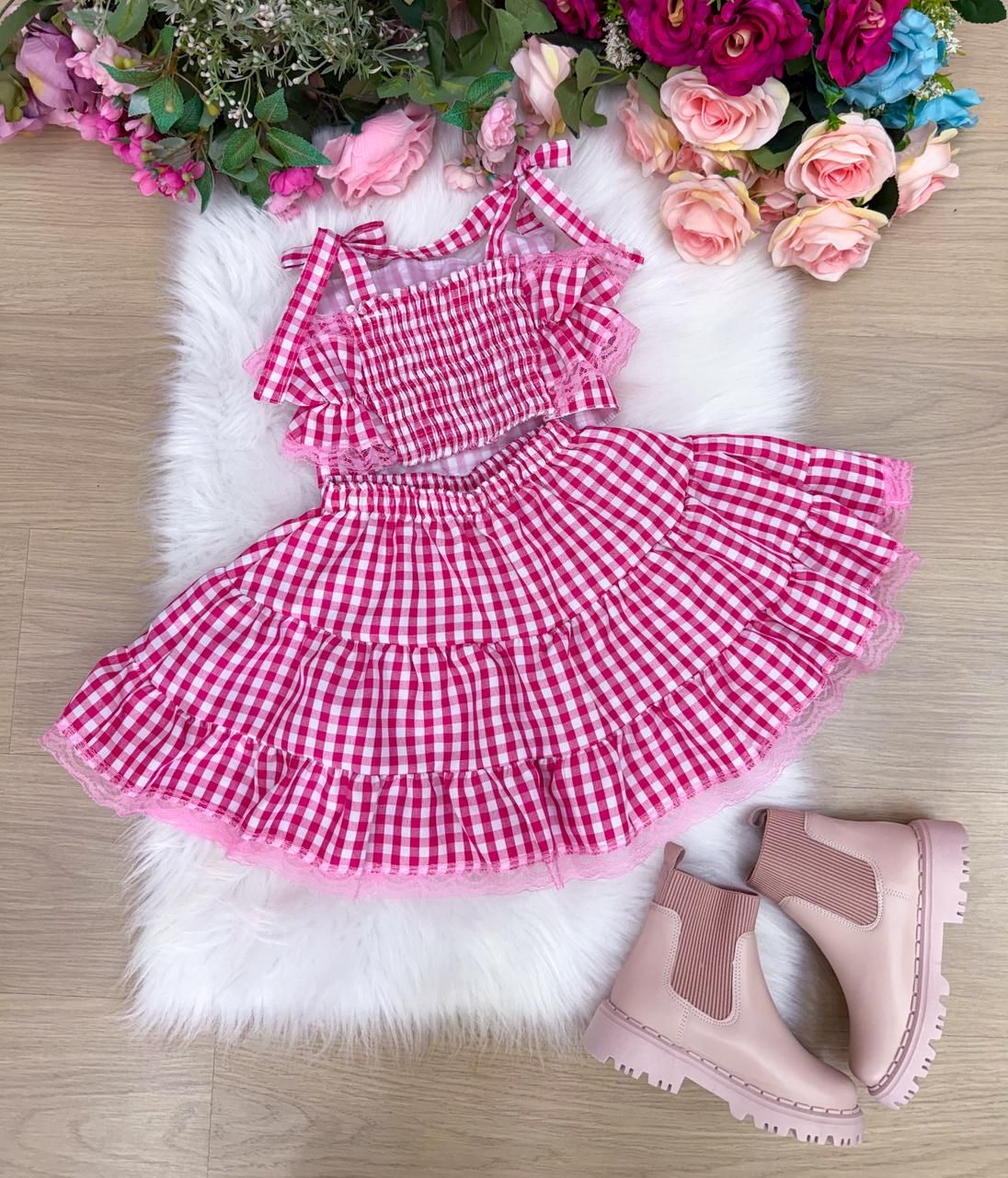 Conjunto Junino Banana Club Luxo Charme do Arraiá Rosa - Estilo Delicado para o Dia a Dia | Bebeloo Kids