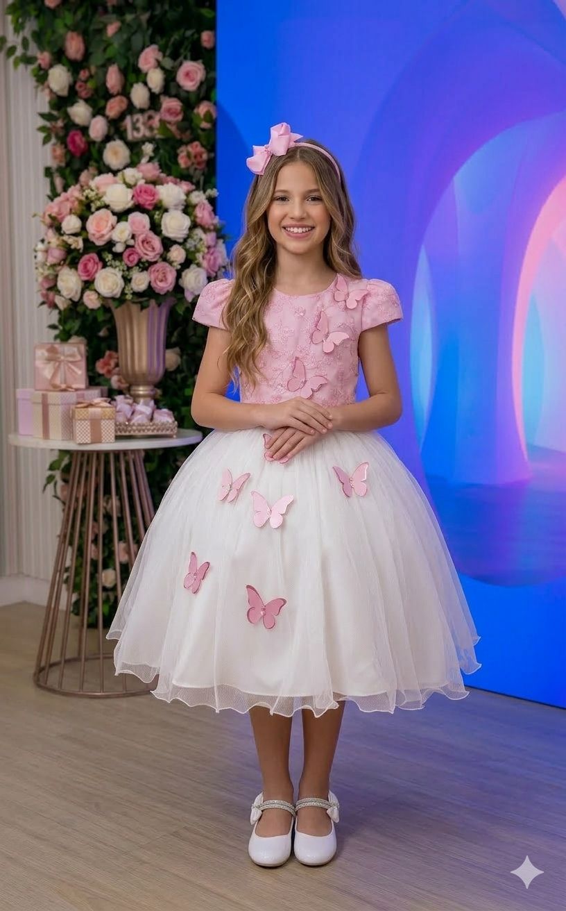 Vestido Juvenil - Midi Vila Lele Sabrina Rosa Bebe e Off - Leveza e Elegância para Meninas | Bebeloo Kids