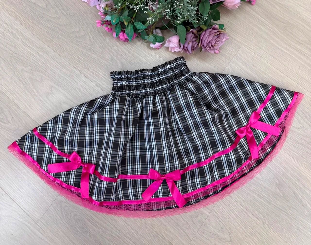 Saia Junina Adulta Xadrez Renda Pink (SJNAXRP)