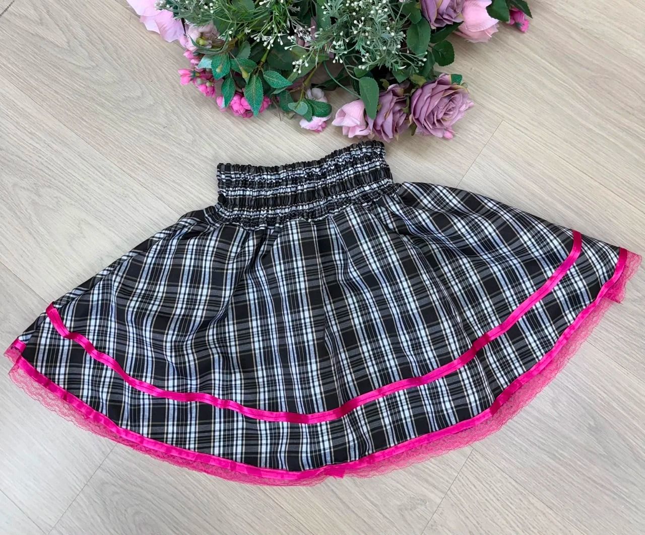 Saia Junina Adulta Xadrez Renda Pink (SJNAXRP)
