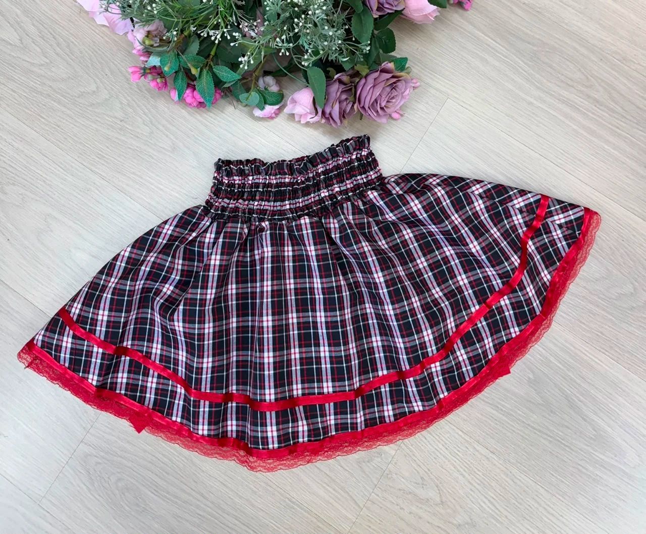 Saia Junina Adulta Xadrez Renda Vermelho (SJXRVERM)