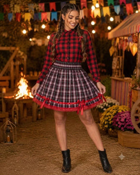 Saia Junina Adulta Xadrez Renda Vermelho (SJXRVERM)