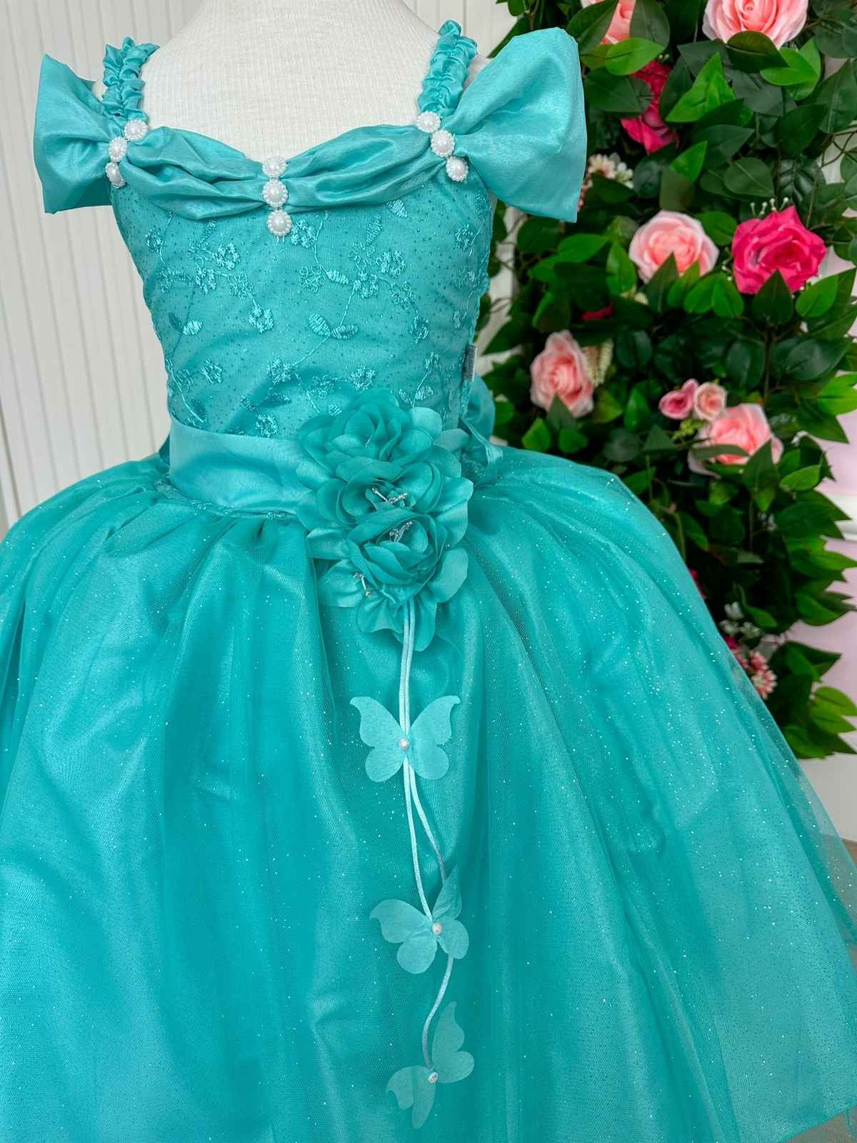 Vestido Marie Longo Manga Princesa Verde Tiffany - Leveza e Elegância para Meninas | Bebeloo Kids