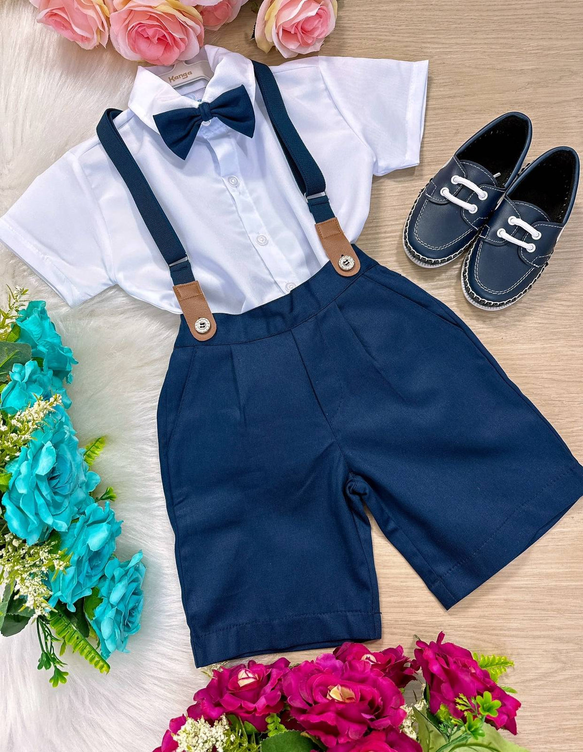 Conjunto Meninos Kanga Social Miguel Azul Marinho Suspensorio Shorts - Estilo Delicado para o Dia a Dia | Bebeloo Kids