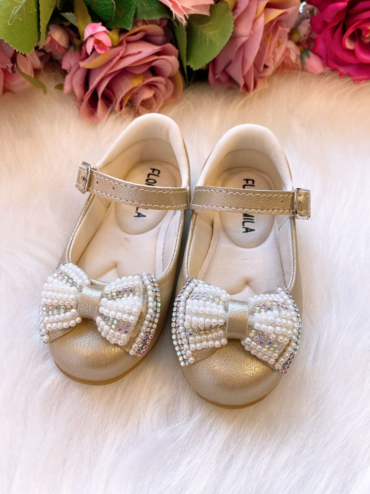 Sapatilha Flor Di Mila Dourado Laço Perolas | Bebeloo Kids