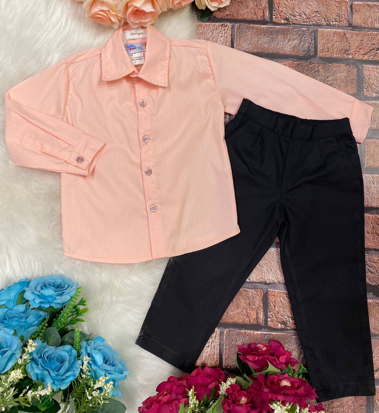 Conjunto Meninos Kanga Social Samuel Salmão Calça Preta - Estilo Delicado para o Dia a Dia | Bebeloo Kids