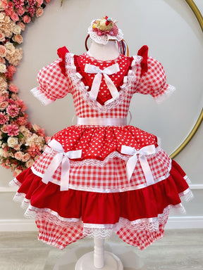 Vestido Infantil Junino Vermelho Xadrez C/ Babados Luxo  - Leveza e Elegância para Meninas | Bebeloo Kids