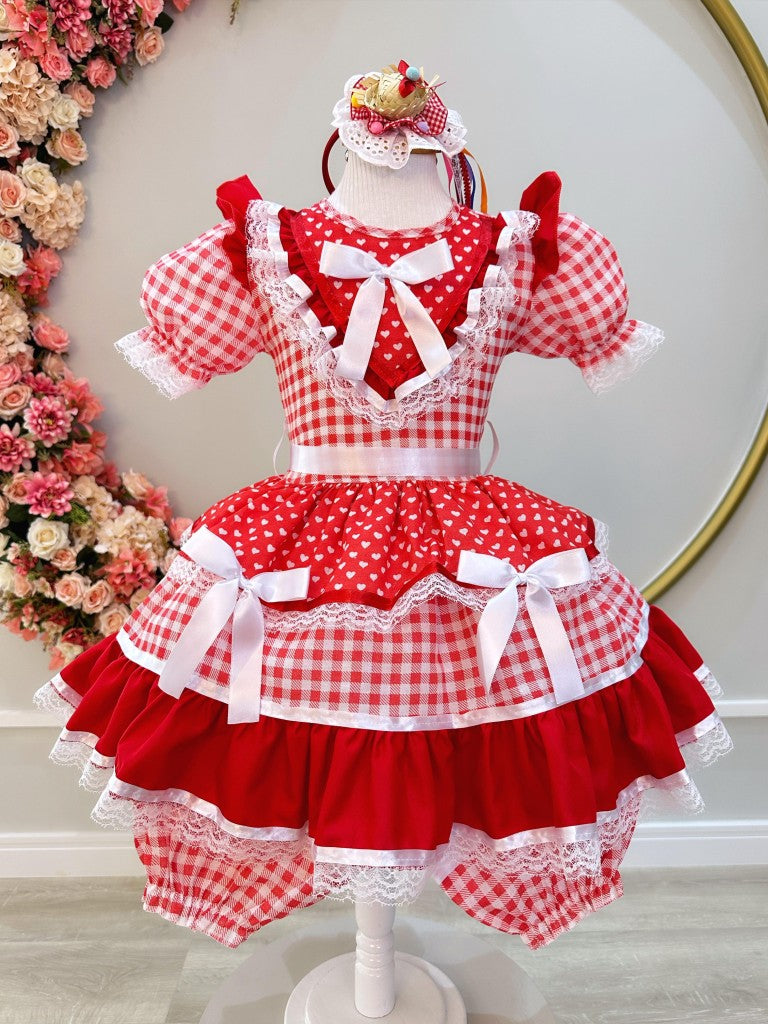 Vestido Infantil Junino Vermelho Xadrez C/ Babados Luxo  - Leveza e Elegância para Meninas | Bebeloo Kids