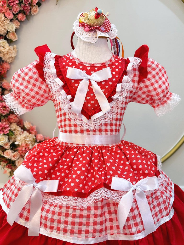 Vestido Infantil Junino Vermelho Xadrez C/ Babados Luxo  - Leveza e Elegância para Meninas | Bebeloo Kids