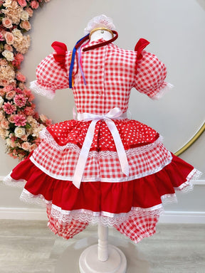 Vestido Infantil Junino Vermelho Xadrez C/ Babados Luxo  - Leveza e Elegância para Meninas | Bebeloo Kids