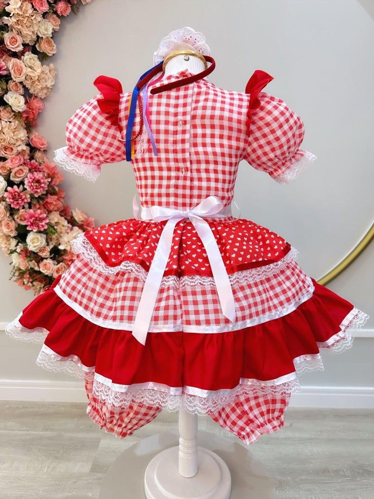 Vestido Infantil Junino Vermelho Xadrez C/ Babados Luxo  - Leveza e Elegância para Meninas | Bebeloo Kids