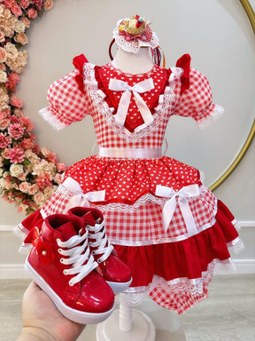 Vestido Infantil Junino Vermelho Xadrez C/ Babados Luxo  - Leveza e Elegância para Meninas | Bebeloo Kids