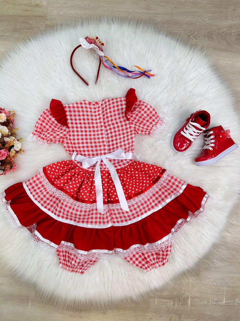 Vestido Infantil Junino Vermelho Xadrez C/ Babados Luxo  - Leveza e Elegância para Meninas | Bebeloo Kids