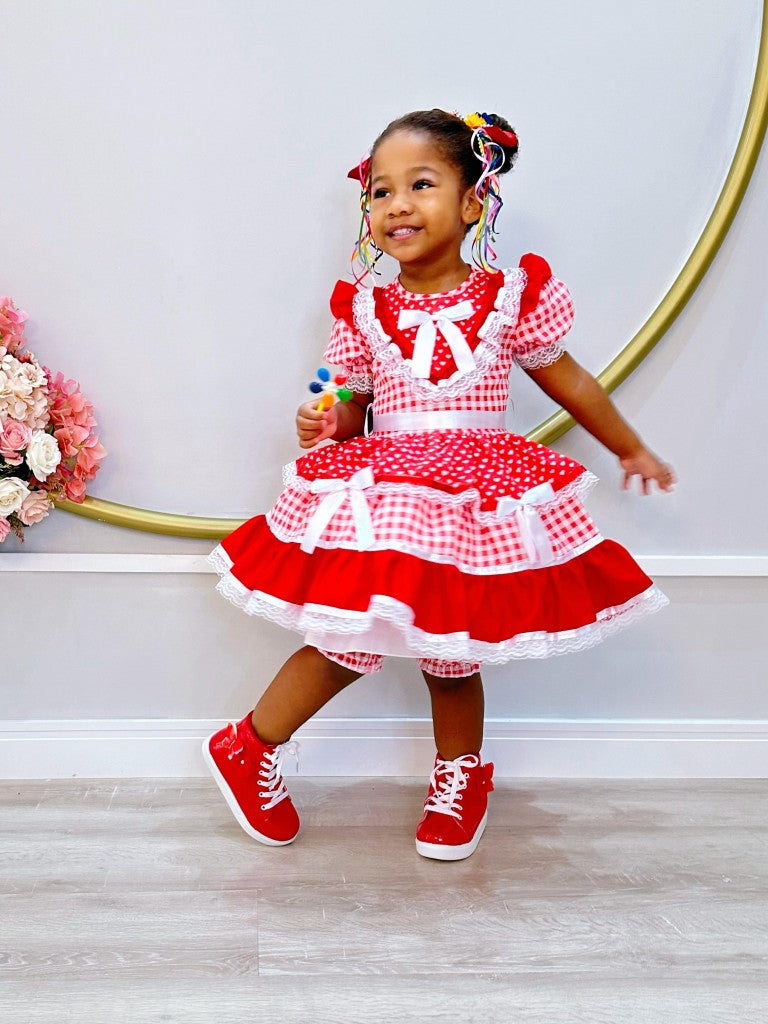Vestido Infantil Junino Vermelho Xadrez C/ Babados Luxo  - Leveza e Elegância para Meninas | Bebeloo Kids