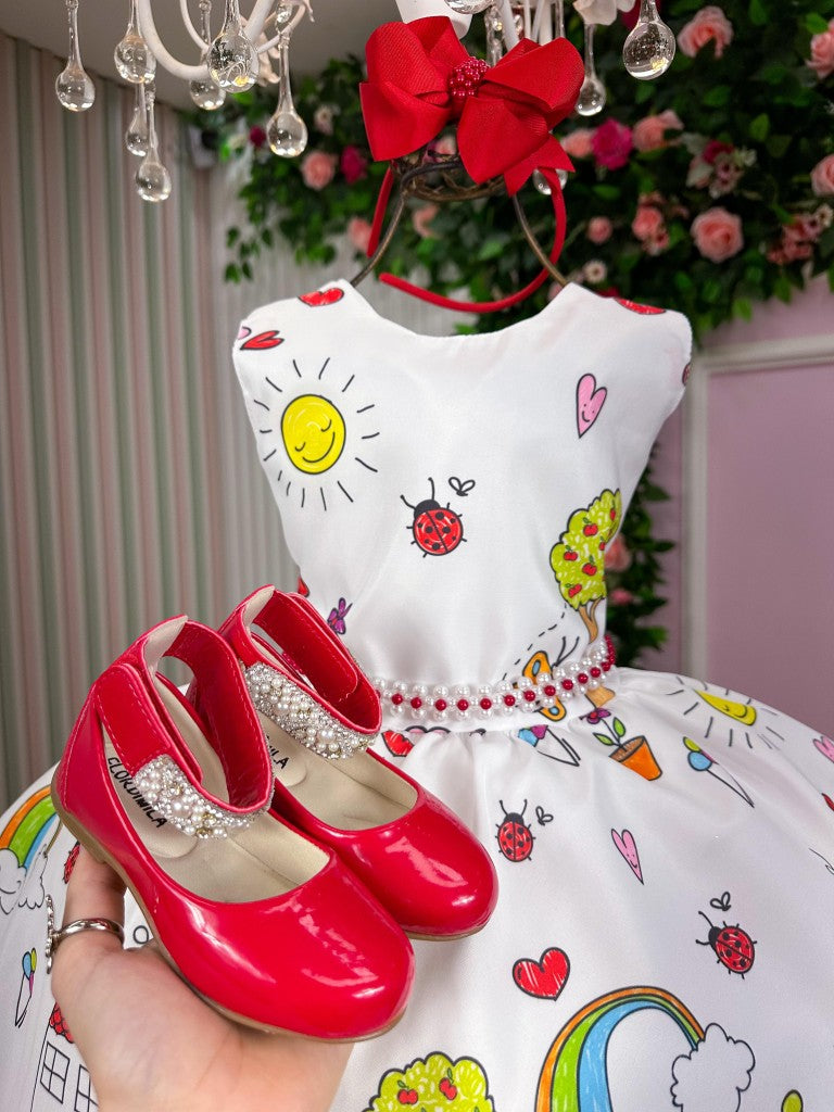 Vestido Marie Lapis Aquarela ABC Branco e Vermelho - Leveza e Elegância para Meninas | Bebeloo Kids