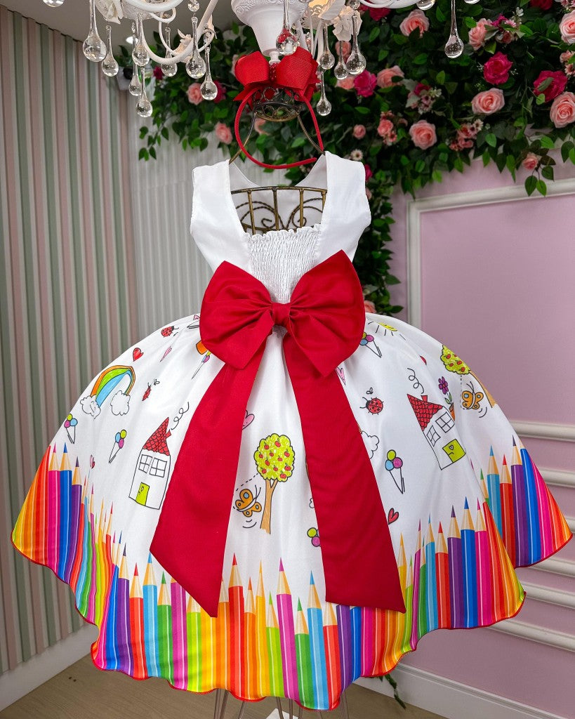Vestido Marie Lapis Aquarela ABC Branco e Vermelho - Leveza e Elegância para Meninas | Bebeloo Kids