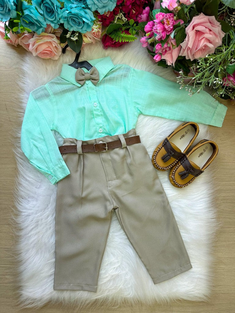 Conjunto Masculino Miss Cherry Social Verde Linho com Calça Bege Henrique - Estilo Delicado para o Dia a Dia | Bebeloo Kids